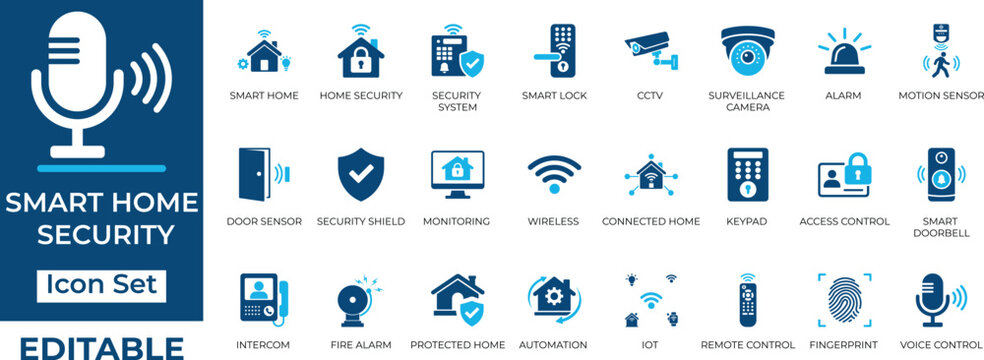 Smart home security and automation vector icon set. Editable flat UI elements for CCTV, IoT, alarms, and smart house technology.