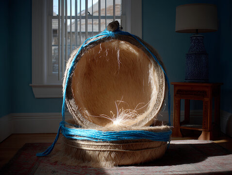 A charpoy (rope bed) sitting in quiet emptiness. One section&rsquo;s rope is undone, replaced with a light ribbon of data fibers--symbolizing frayed comfort and silent technological presence.