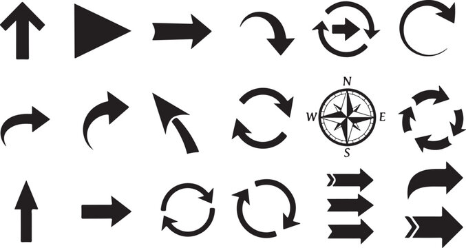 Collection of various black directional arrows and symbols