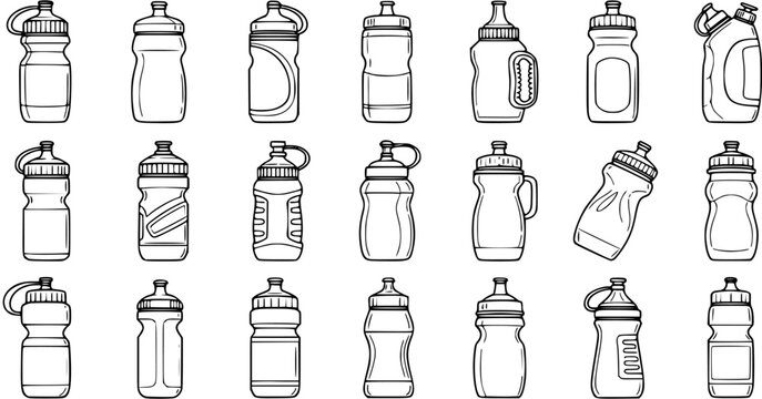 Black and White Line Art Set of Various Sports Water Bottles for Fitness and Hydration Lifestyle