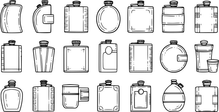 Black  White Line Art Set of Various Beverage Flasks and Hip Flasks for Alcohol, Travel, and Outdoor Adventures