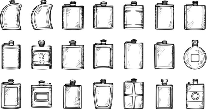 Hand Drawn Black and White Line Art Set of Various Hip Flasks and Alcohol Bottles. Vintage Sketch Collection of Drink Containers for Travel and Beverages.