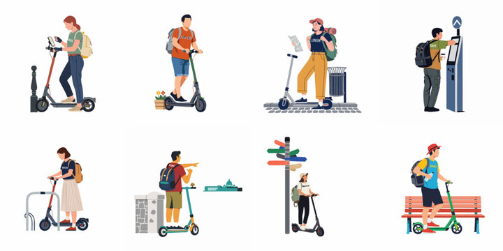 Flat vector collection of tourists exploring famous global cities using electric scooters, highlighting modern urban transportation and sightseeing activities for travelers.
