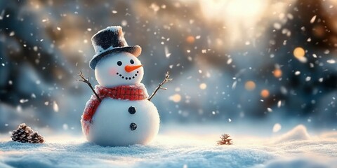 Fototapeta premium cheerful snowman wearing a top hat and red scarf with carrot nose and stick arms in gentle snowfall beside pine cones and warm glowing bokeh light