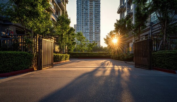 Golden sunlight streams through the gates of a modern residential complex, casting long shadows across the paved driveway and highlighting the surrounding greenery.