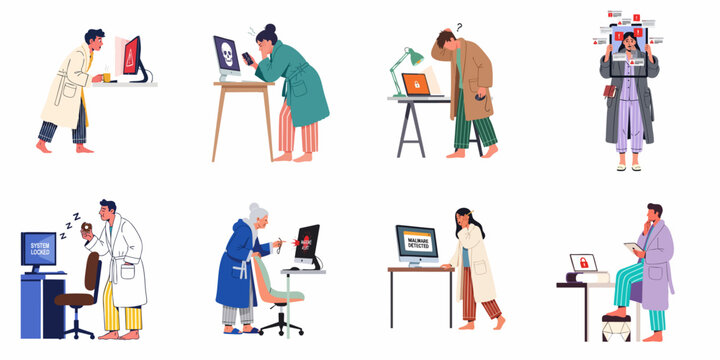 Vector set of people in pajamas facing various cybersecurity threats, computer errors, and technical issues while working from home.