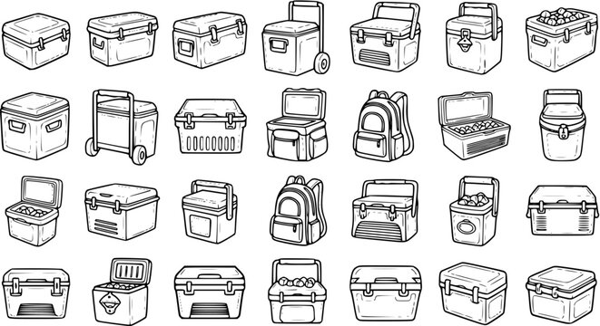 Vector Set of Black and White Line Art Coolers and Backpacks for Outdoor and Travel