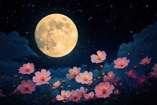 Full luminous moon over a starry night sky with soft clouds and pink cosmos flowers in a moonlit meadow, serene and dreamy atmosphere