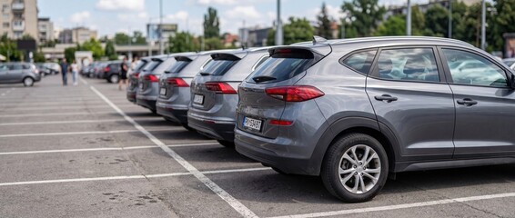 Obraz premium Row of gray SUVs parked in urban parking lot during daytime
