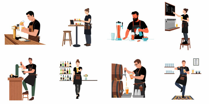 Collection of male and female bartenders and servers pouring, cleaning, and serving various types of beer in a professional brewery or pub setting.