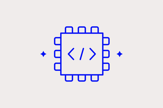 Microchip with programming brackets highlights embedded systems and hardware coding. Advanced Vector Illustration is ideal for semiconductor technology and computer engineering.