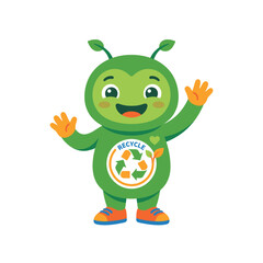 Fototapeta premium Cute Green Recycling Mascot Character Waving for Environmental Awareness