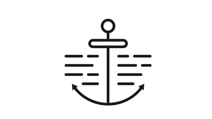 Minimalist black vector icon of a nautical anchor with horizontal wave lines, representing maritime travel, sea navigation, and ship equipment. Clean line art illustration for graphic design. © Ingrid