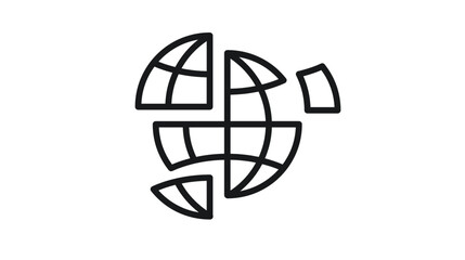 Broken globe vector icon illustration. Minimalist black line art symbol of a fragmented earth or world map in pieces. Concept of global crisis, environmental damage, or geopolitical instability. © Ingrid