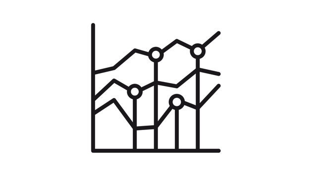 Minimalist black line vector icon illustration of a multi-series line chart or graph showing data trends, statistics, and financial analytics with highlighted circular data points.