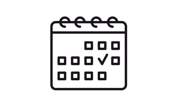 Minimalist black line art vector icon of a spiral calendar with a checkmark on a specific date, representing scheduling, planning, appointments, deadlines, and event reminders for business use.