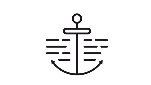 Minimalist black vector icon of a nautical anchor with horizontal wave lines, representing maritime travel, sea navigation, and ship equipment. Clean line art illustration for graphic design.