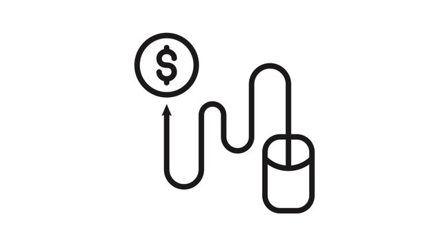 Minimalist black vector icon illustration of a computer mouse connected to a dollar sign coin by a wavy line and arrow, symbolizing pay-per-click, digital monetization, and online business.