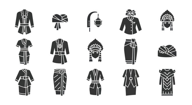 Traditional Indonesian Clothing Icons Set: Batik, Kebaya, Sarong, Headwear