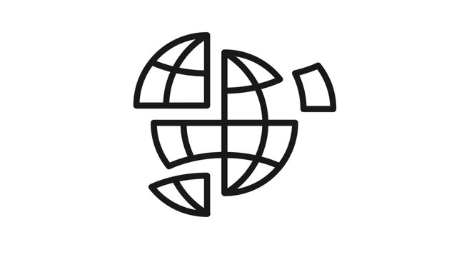 Broken globe vector icon illustration. Minimalist black line art symbol of a fragmented earth or world map in pieces. Concept of global crisis, environmental damage, or geopolitical instability.