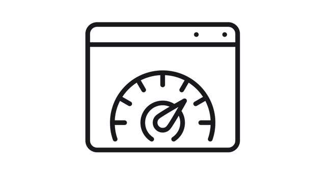 Website performance and page speed optimization vector icon. Minimalist black line illustration of a web browser window with a speedometer gauge, representing internet speed, SEO, and loading.