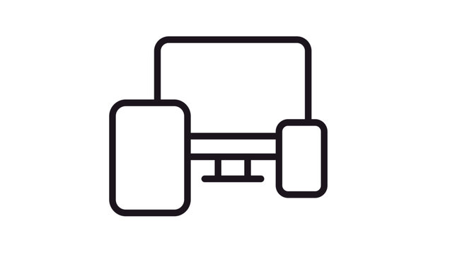 Black line art vector icon illustration of a desktop computer monitor, tablet, and smartphone, symbolizing multi-platform connectivity, responsive web design, and modern digital technology.