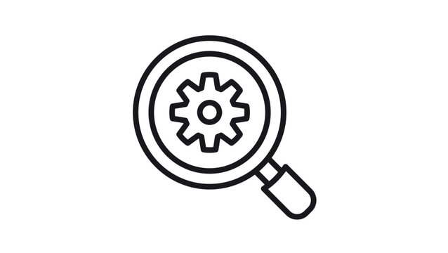 Black line art vector icon illustration of a magnifying glass with a gear inside, symbolizing search settings, technical optimization, system analysis, SEO, and configuration on white background.