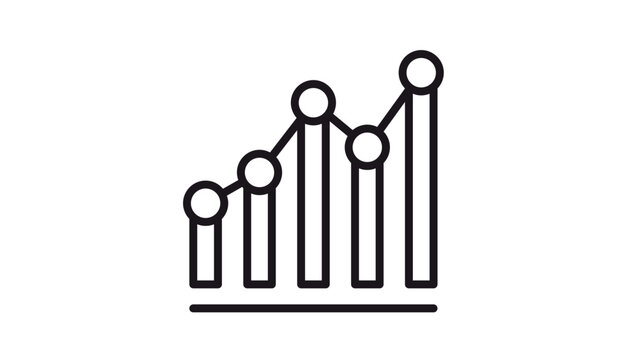 Professional black vector icon illustration of a combined bar chart and line graph showing upward growth, data analytics, financial progress, and statistical trends on a white background.