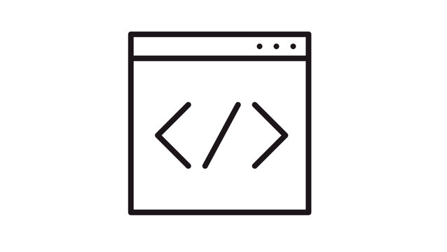 Minimalist black line vector icon of a web browser window featuring a coding symbol with angle brackets and a slash, ideal for web development, software programming, and technology concepts.