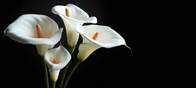 four white calla lilies with green stems and golden yellow spadices on a deep black background, elegant and serene still life