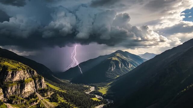 Dramatic Lightning Strikes Over Majestic Mountain Range.