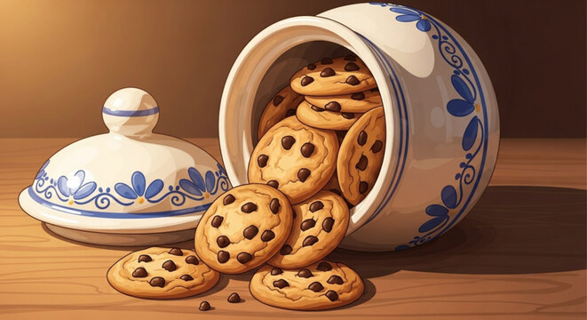 Chocolate chip cookies spilling out of a blue and white ceramic cookie jar onto a wooden table