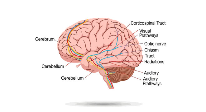 The human brain displays its cerebellum cerebrum and optic nerve tract
