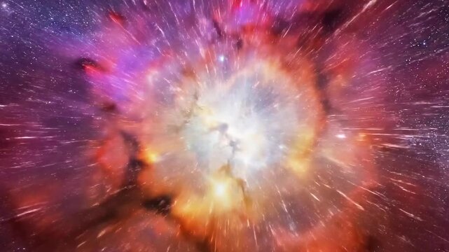 A vibrant nebula with shades of purple, pink, and orange, set against a starry night sky