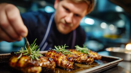 Naklejka premium Professional kitchen scene with chef glazing chicken wings
