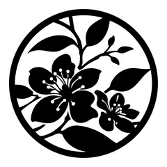 Japanese cherry blossom silhouette vector, floral circle frame with sakura flowers and leaves, black botanical stencil for laser cutting and vinyl © SUMON
