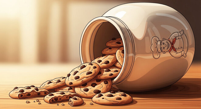 Delicious chocolate chip cookies spilling out of a ceramic cookie jar on a wooden table indoors