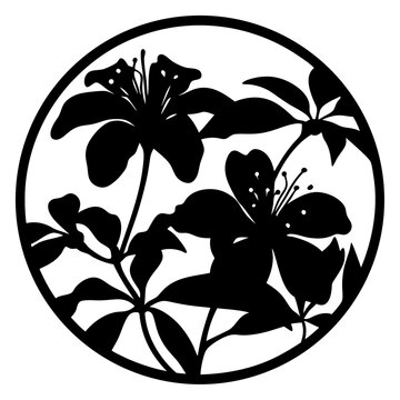 Floral silhouette vector in circular frame, black lily flower stencil, botanical garden blossom illustration for laser cutting and vinyl decals
