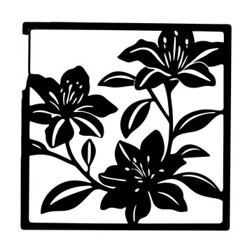 Floral lily silhouette vector, black and white flower stencil in square frame, botanical lily blossoms for laser cutting and vinyl decals