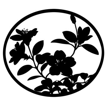 Black floral silhouette in circular frame, elegant cherry blossom branch vector, minimalist botanical flower stencil for laser cutting and crafts