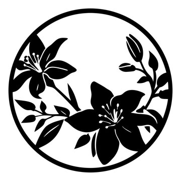 Lily flower silhouette in circular frame, black and white floral vector illustration, elegant lily blossom stencil for laser cutting and vinyl decals