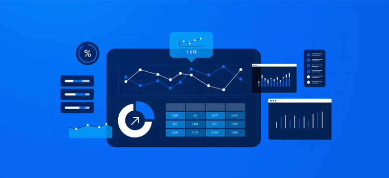 Performance dashboard with analytics charts and KPI metrics for business tracking. Performance dashboard with data visualization and reporting tools for digital analytics vector illustration