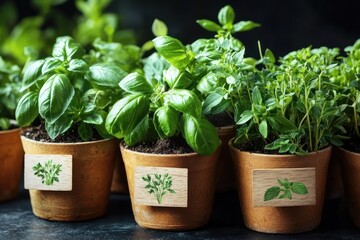 Obraz premium close-up of healthy potted herb plants in terracotta pots with wooden label tags, lush green basil and small-leaved herbs, fresh vibrant kitchen garden mood