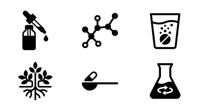 Set of Chemical Icons Including Medication Dropper Molecule Test Tube and Plant Roots