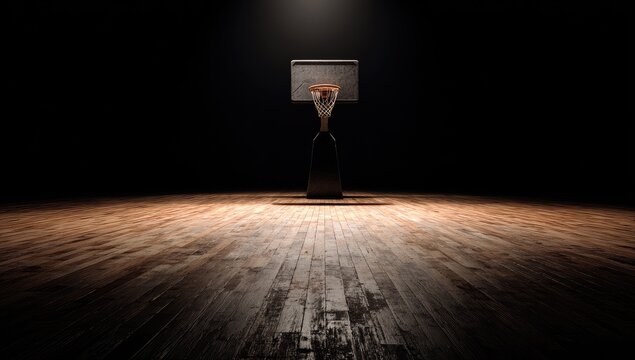 A solitary basketball hoop stands illuminated on a polished wooden court, bathed in dramatic light against a dark, expansive background.