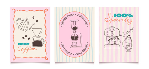 Obraz premium Hand drawn coffee posters. Breakfast or brunch doodle design set for cafe, menu, shop. Vintage illustration in line art.