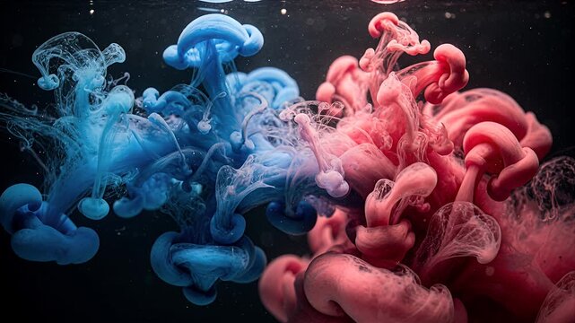 blue red ink swirls in dark water abstract diffusion