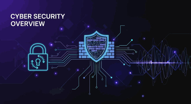 A cyber security overview shows a shield and lock on circuits