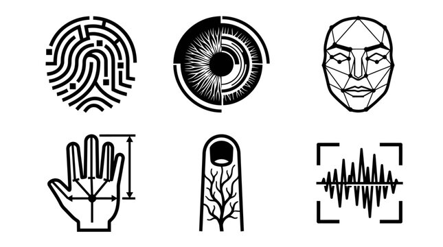 Vector Icon Set Featuring Fingerprint, Iris Scan, Facial Recognition, Hand Gesture, Plant Tag, and Sound Wave Graphics for Biometric Technology and Security