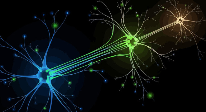 Neurons connect in a human brain with glowing green and blue lines.